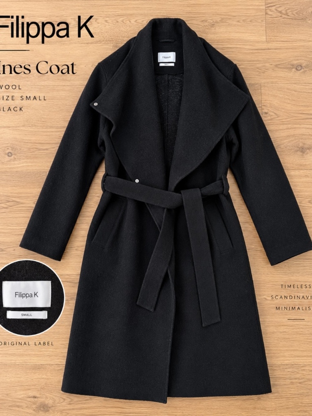 Filippa K Ines Coat Black Wool Belted Wrap Coat Size Small